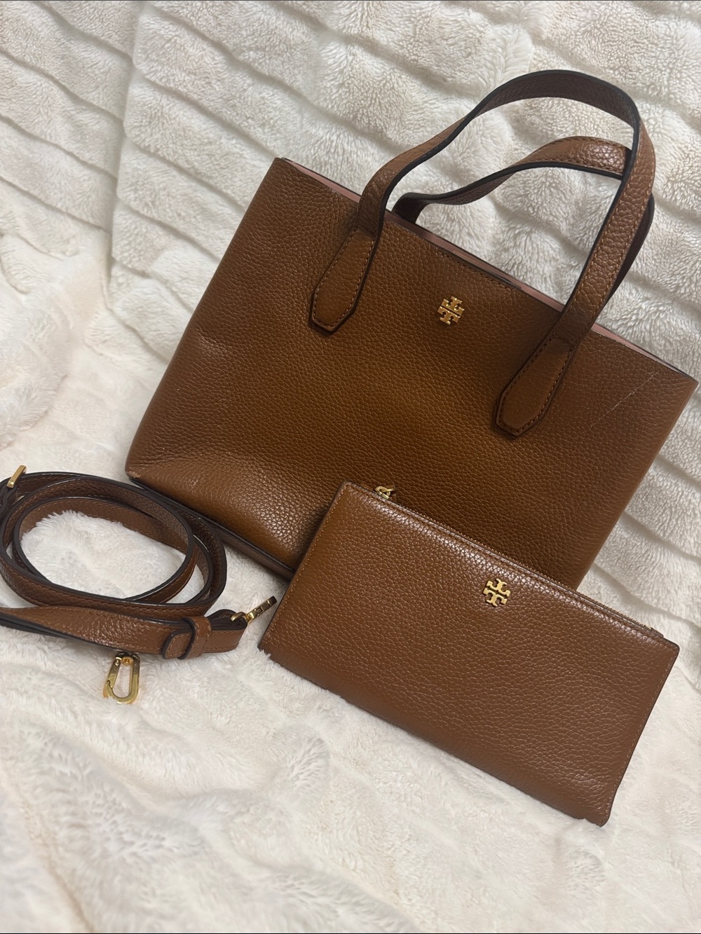 Tory Burch Chestnut Pebbled Leather Tote with Zip Pouch
